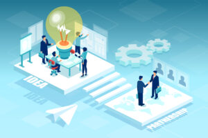 Vector of businesspeople working in open space office brainstorming