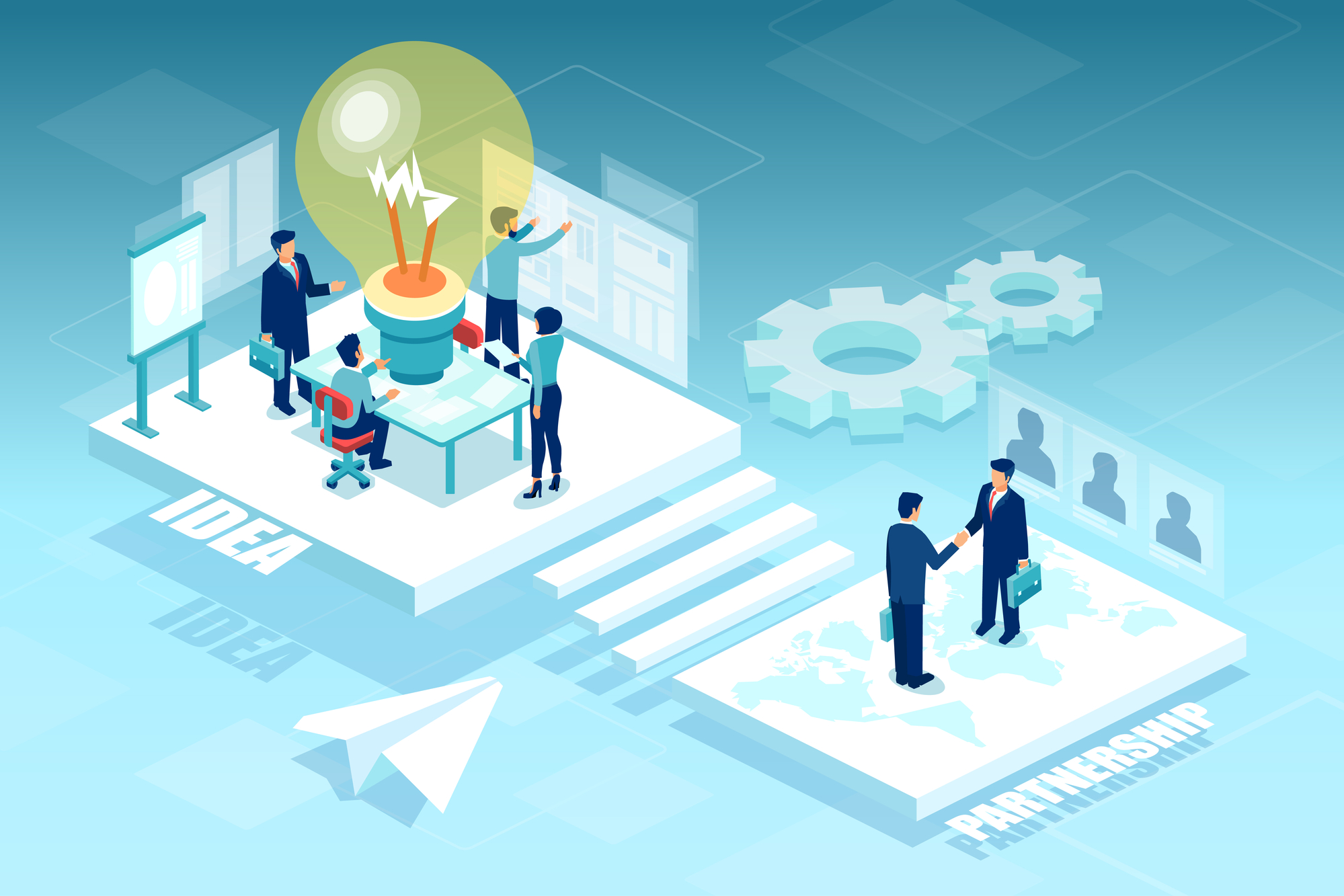 Vector of businesspeople working in open space office brainstorming