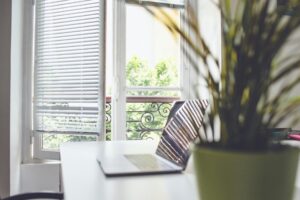 A bright, minimalist office workspace featuring a laptop open on a white desk next to a green potted plant, positioned in front of a large window with white blinds overlooking green trees outside.