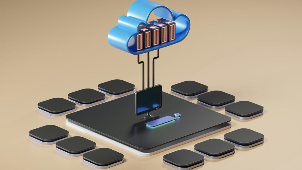 A 3D isometric render featuring a central computer workstation linked to miniature server racks housed inside a blue cloud.