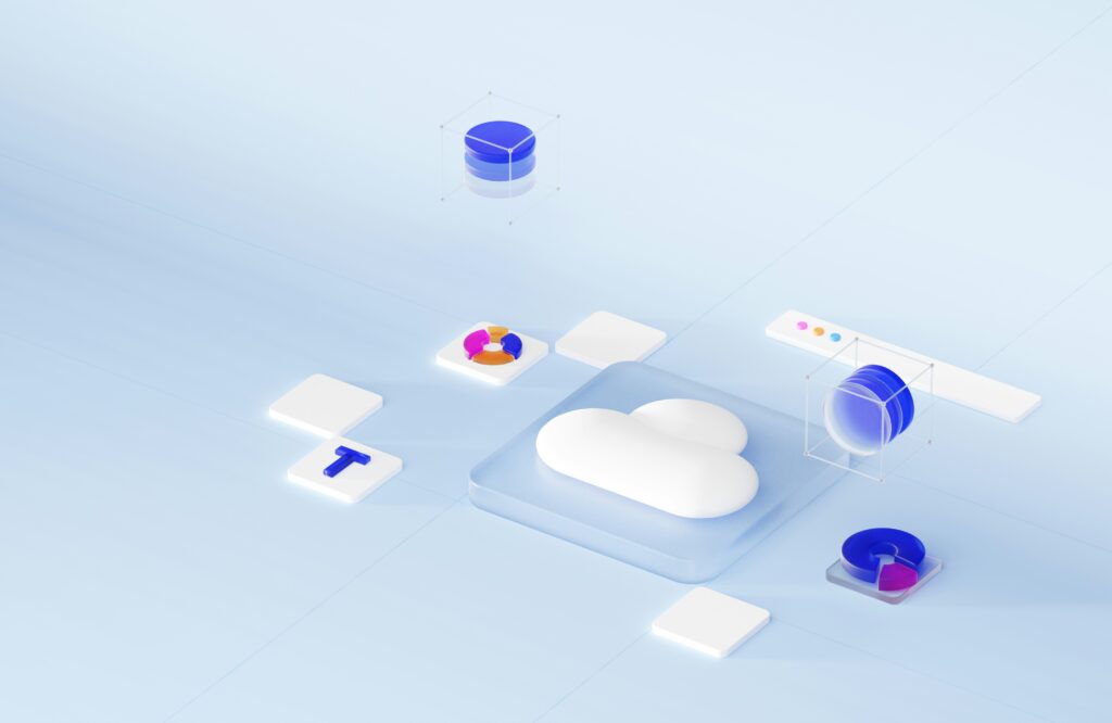 Isometric 3D illustration of a white cloud icon on a digital platform surrounded by blue databases, charts, and data blocks.