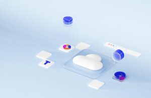 Isometric 3D illustration of a white cloud icon on a digital platform surrounded by blue databases, charts, and data blocks.