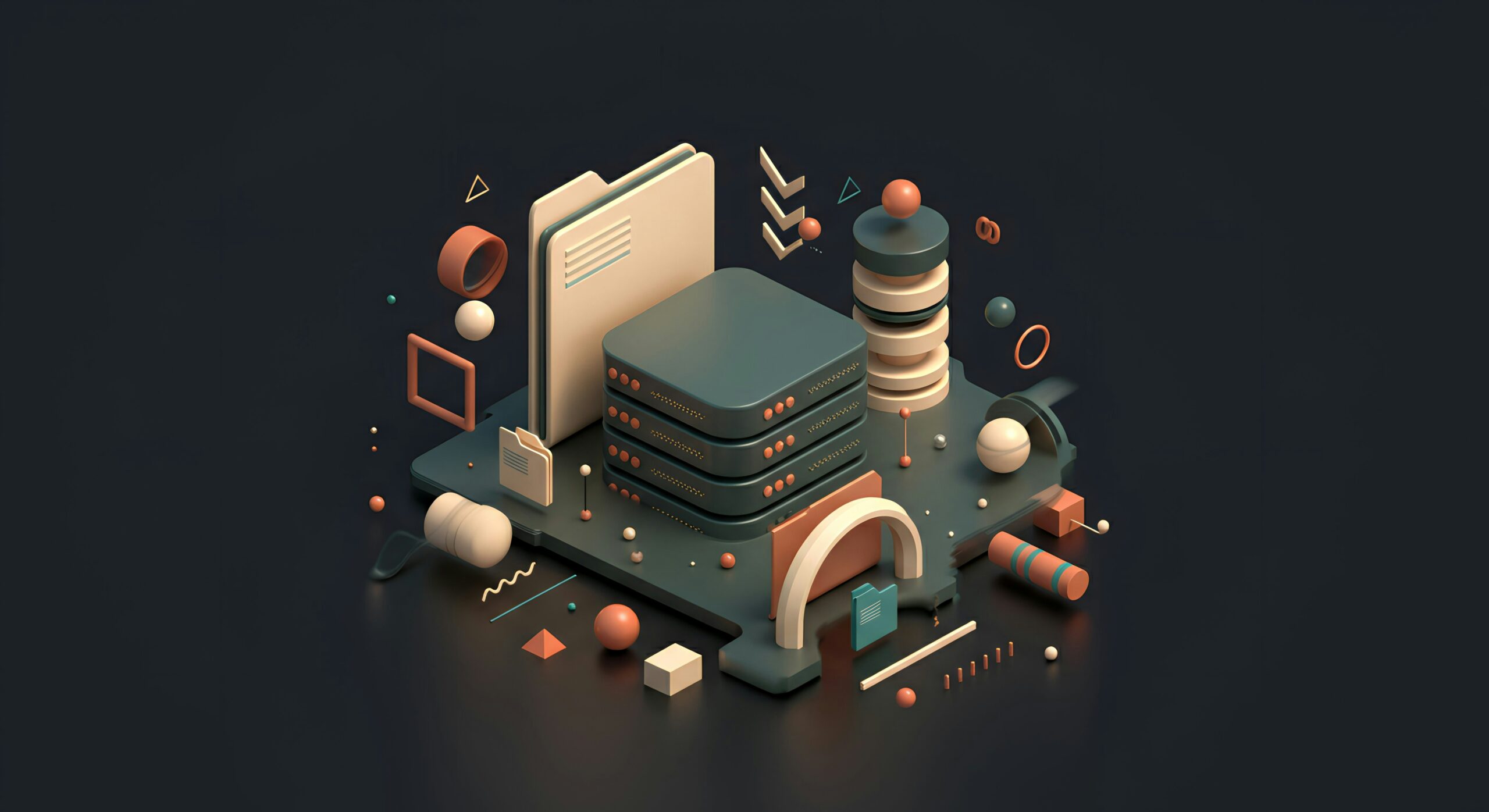 Modern isometric 3D render of server stacks, data folders, and abstract geometric nodes on a dark slate background.